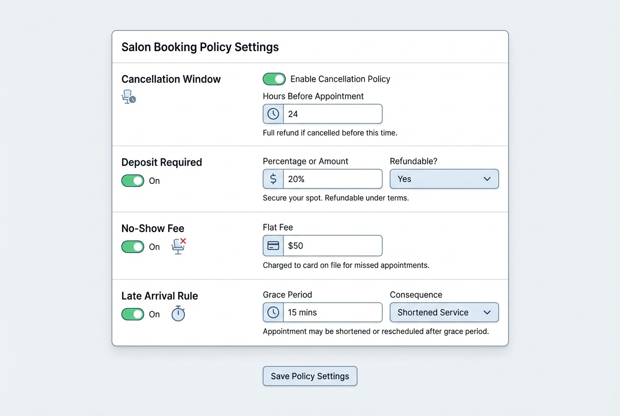 Booking policy settings panel showing cancellation window, deposit rules, no-show fee, and late arrival policy