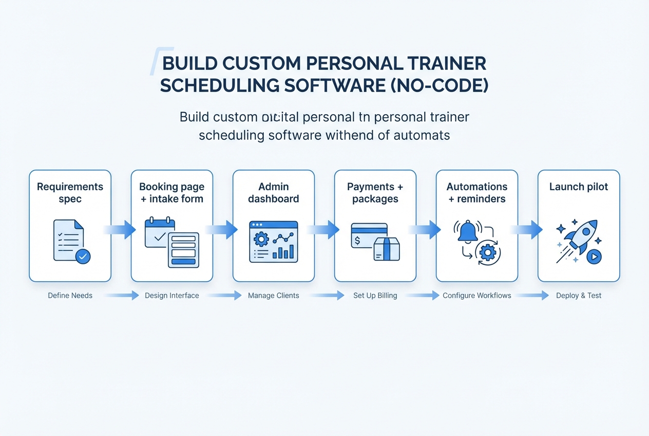 Diagram of a build process for custom trainer scheduling software: requirements spec, booking page and intake, admin dashboard, payments and packages, automations, and a pilot launch