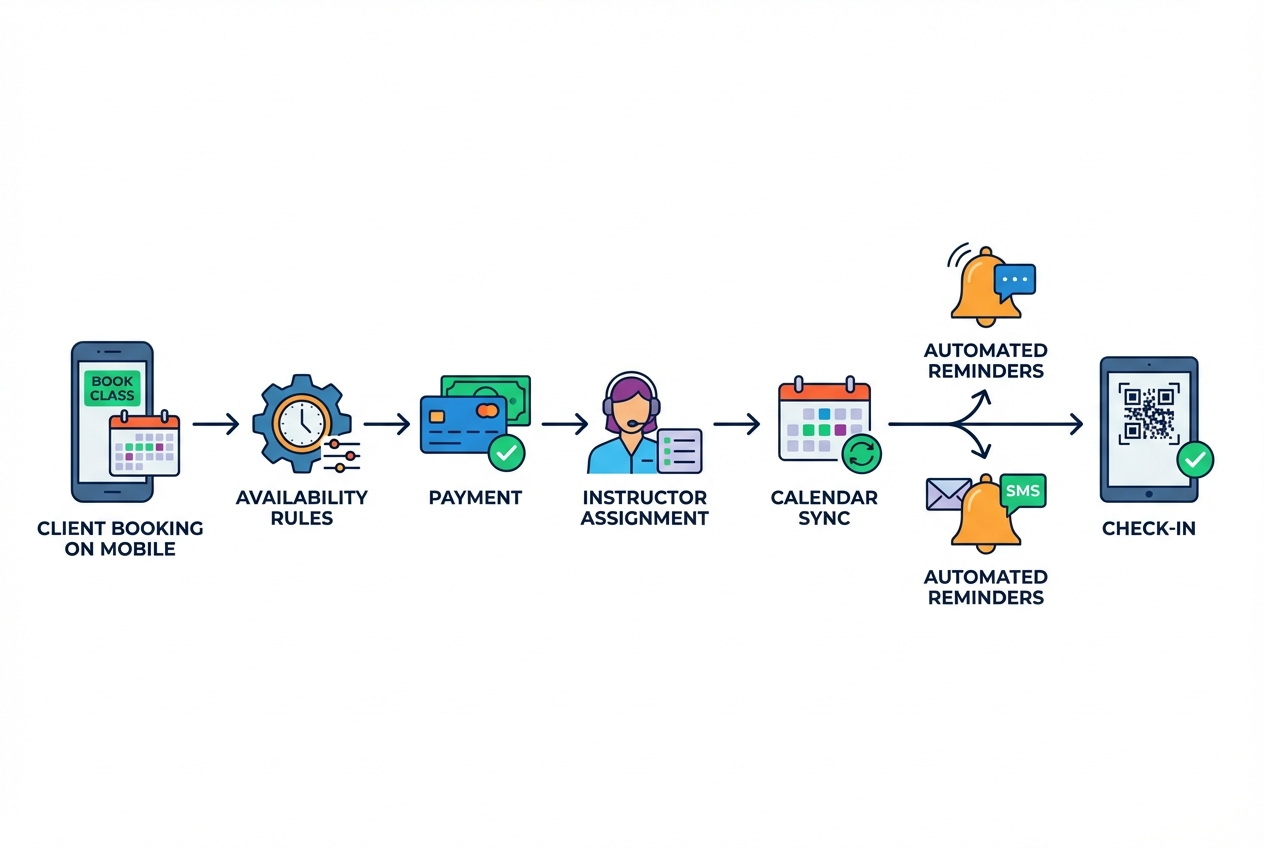 Diagram of fitness class scheduling workflow from client booking through availability rules, payment, instructor assignment, reminders, and check-in