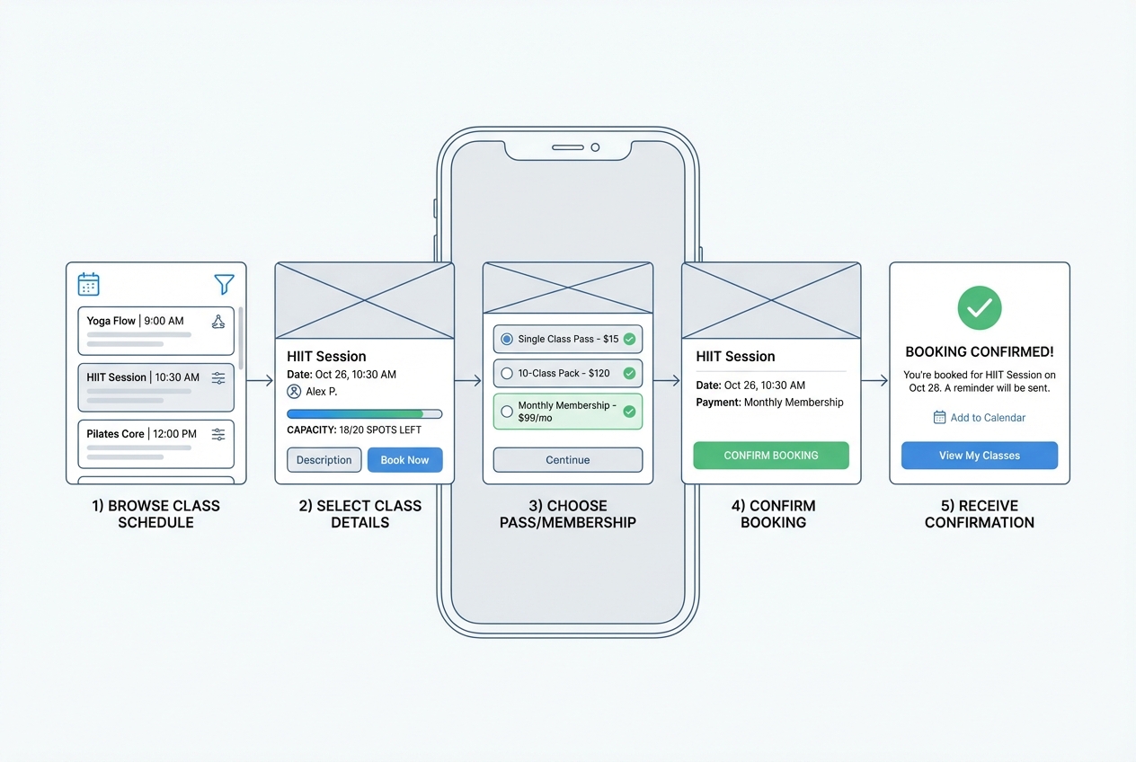 Mobile fitness class booking flow wireframe showing browse schedule, class details with capacity, pass selection, confirmation, and reminders