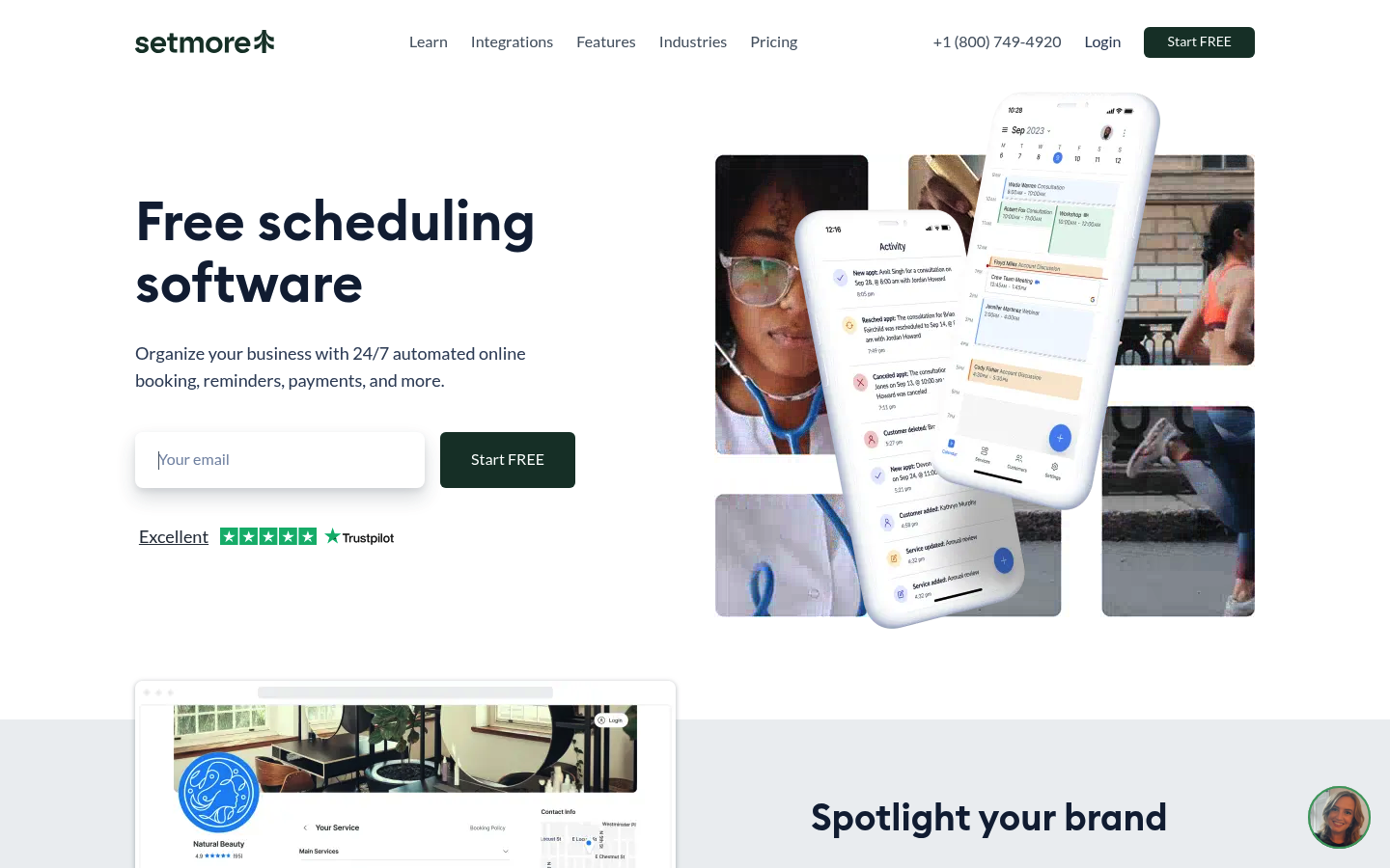 Screenshot of the Setmore homepage emphasizing free online appointment scheduling and booking features