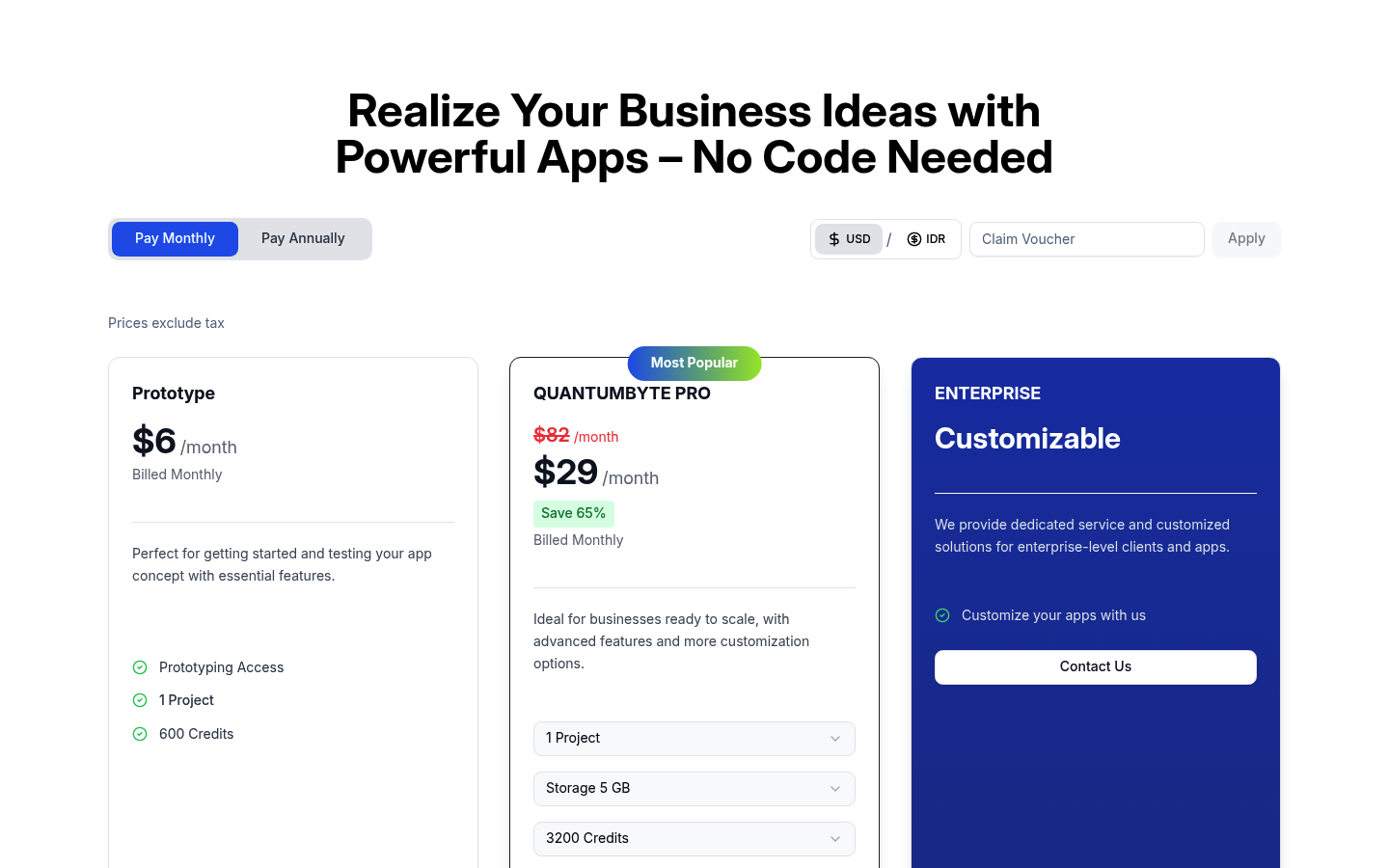 Screenshot of the Quantum Byte app pricing page showing plan options and navigation, representing the Quantum Byte platform interface
