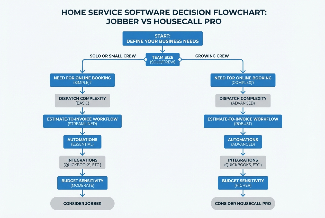 Decision flowchart comparing Jobber vs Housecall Pro based on team size, booking needs, dispatch complexity, QuickBooks integration, and budget
