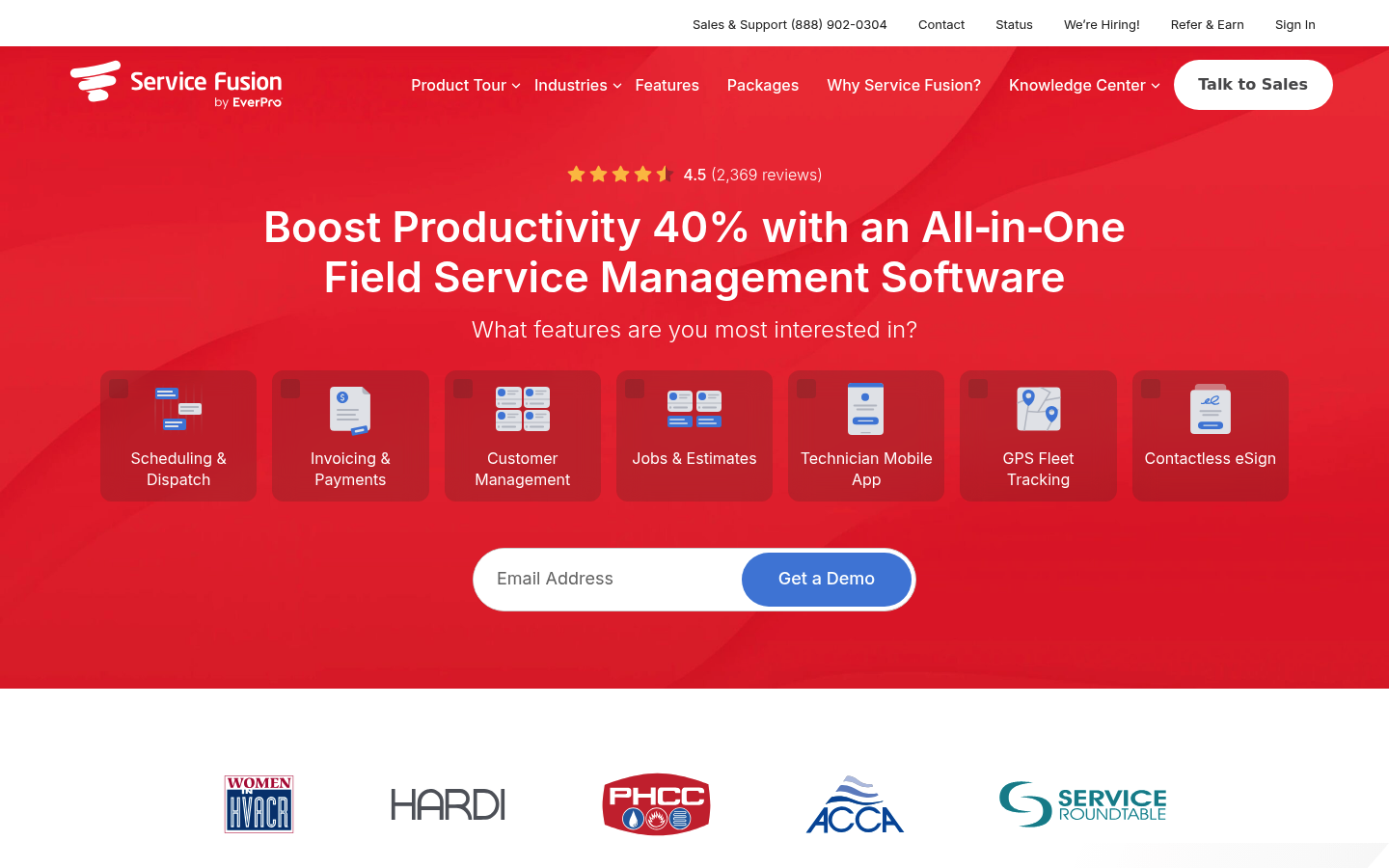 Screenshot of Service Fusion homepage