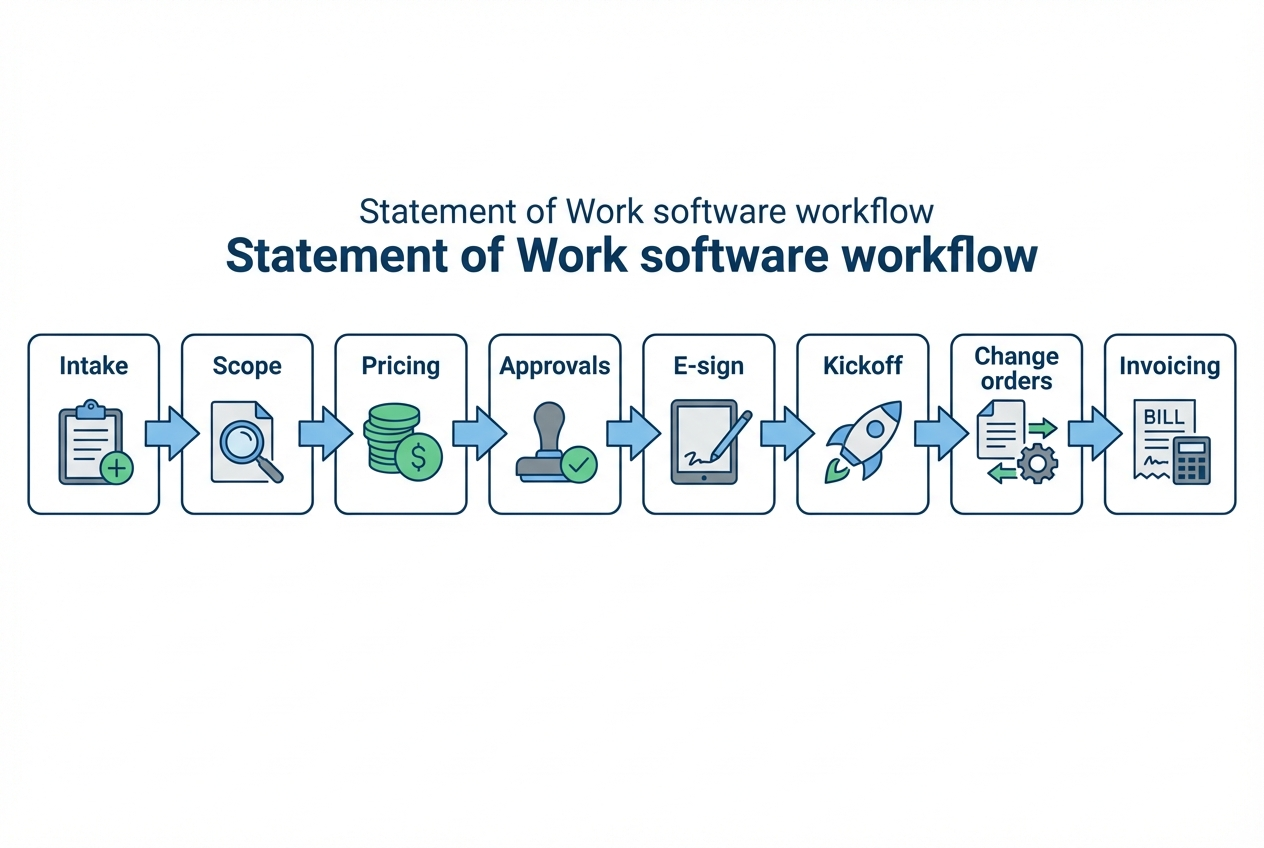 Diagram of a statement of work software workflow from intake through scope, pricing, approvals, e-sign, kickoff, change orders, and invoicing