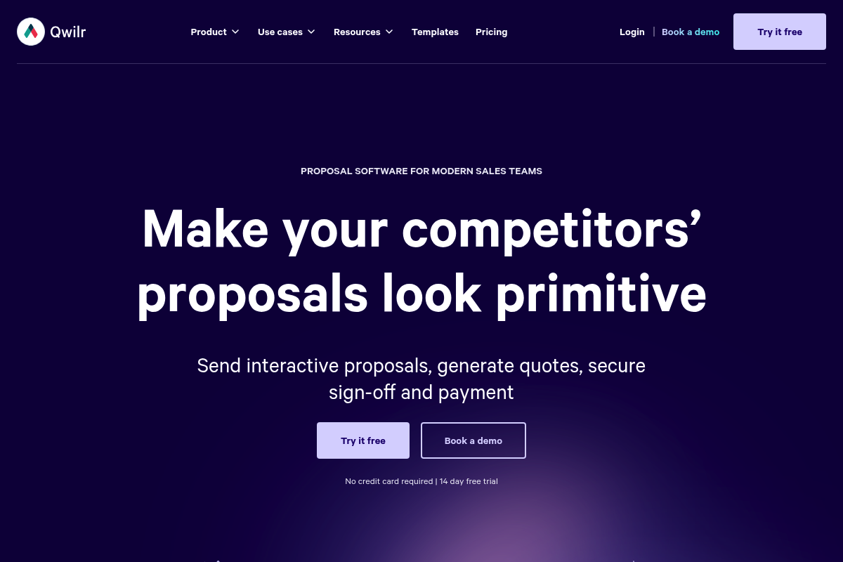 Screenshot of Qwilr homepage emphasizing interactive proposals and online sign-off and payment