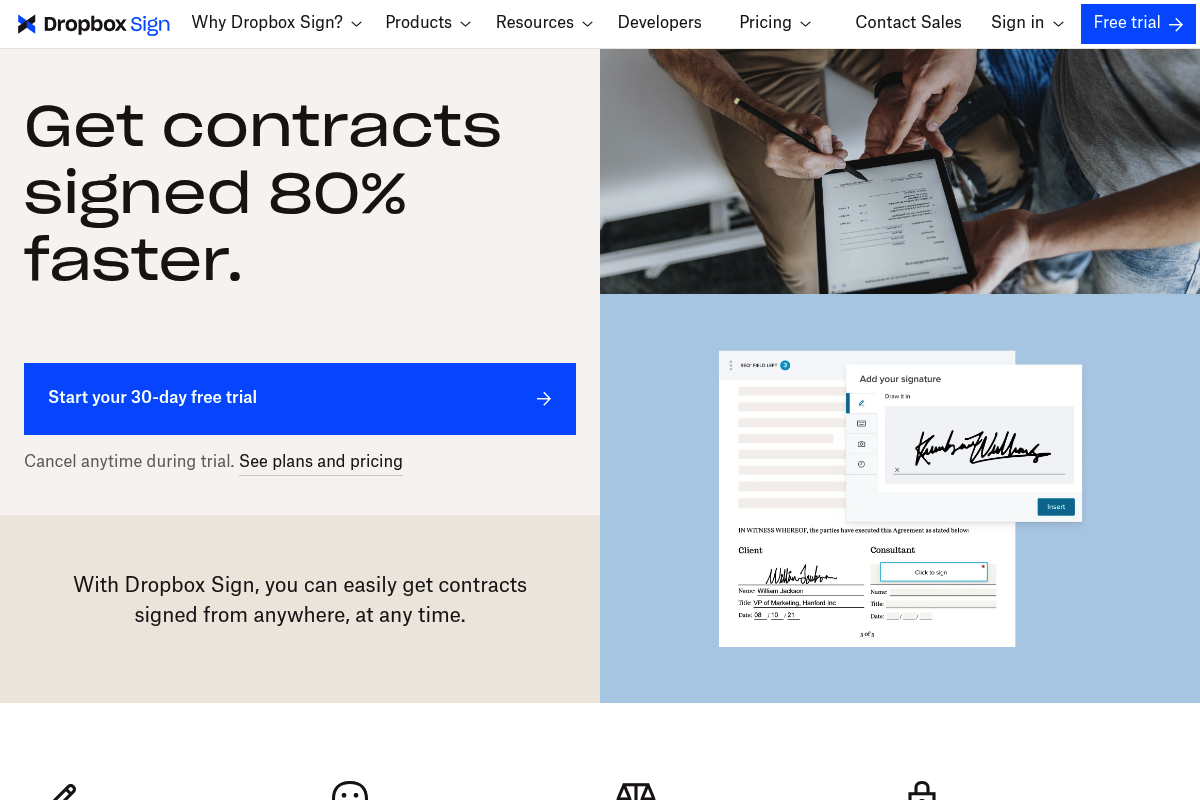 Screenshot of Dropbox Sign homepage describing preparing, sending, signing, and tracking eSignatures