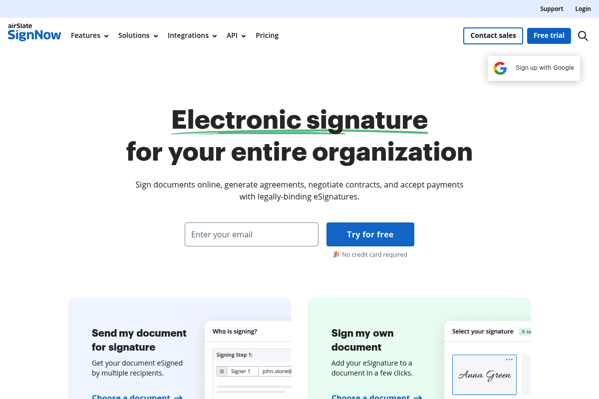 Screenshot of signNow homepage describing organization-wide eSignature solution