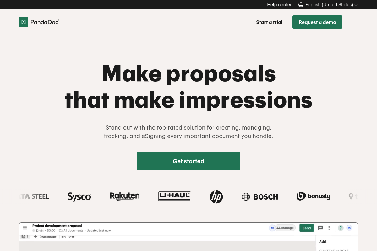 Screenshot of PandaDoc homepage showing document creation, management, tracking, and eSignature messaging