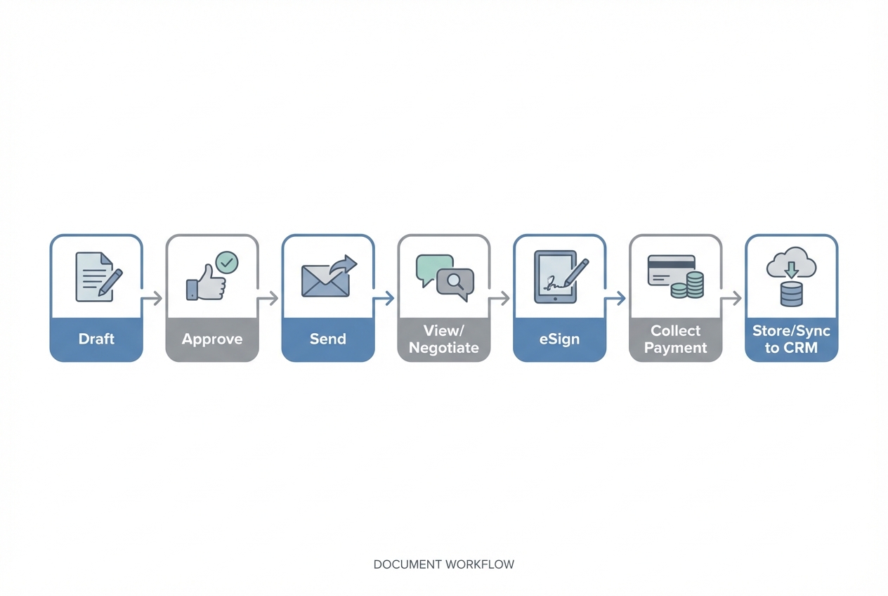 Diagram of a proposal and contract workflow from draft and approval through sending, eSignature, payment collection, and syncing to CRM