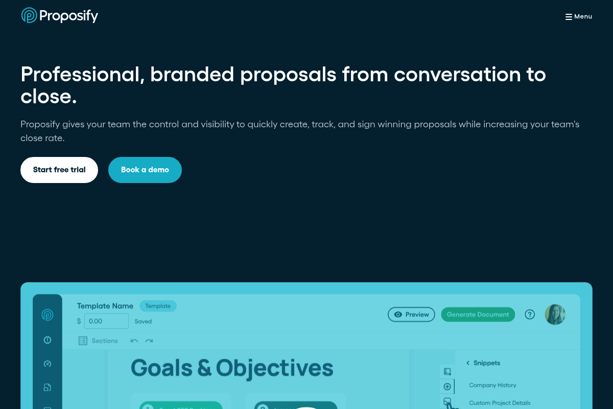 Screenshot of Proposify homepage highlighting proposal creation, tracking, and signing for sales teams