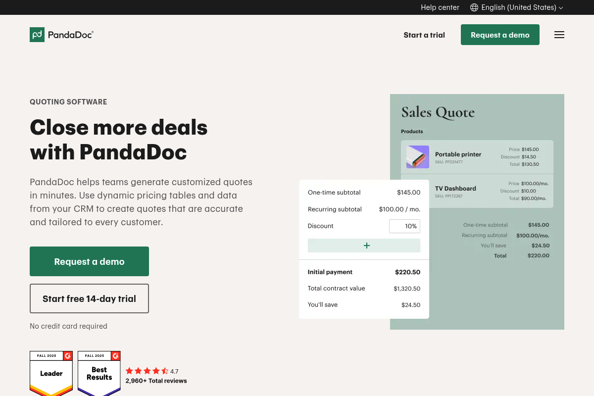 PandaDoc quoting software page screenshot