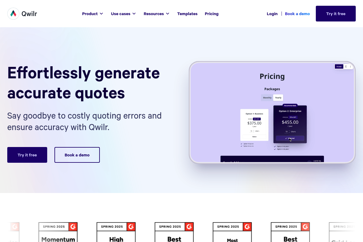 Qwilr quotes product page screenshot