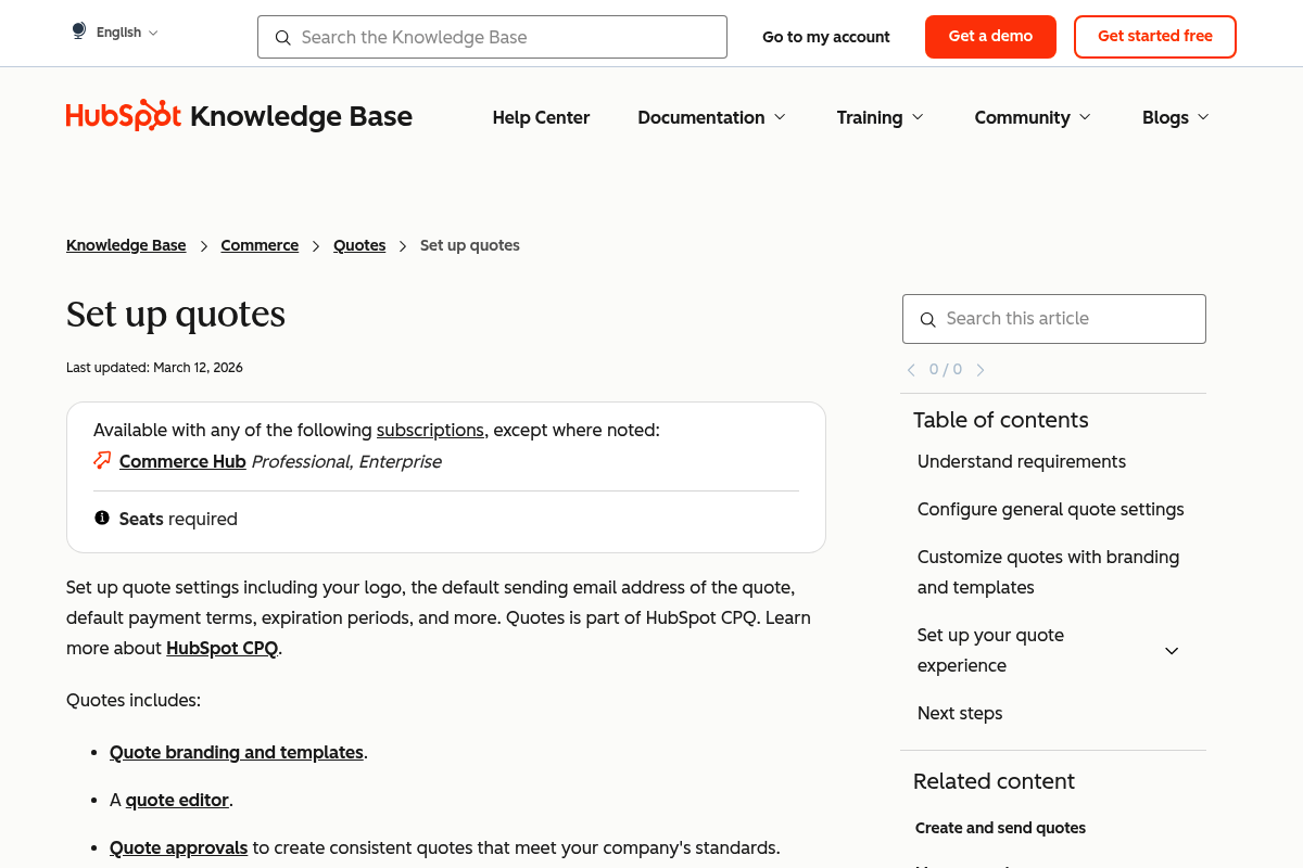HubSpot quotes setup page screenshot