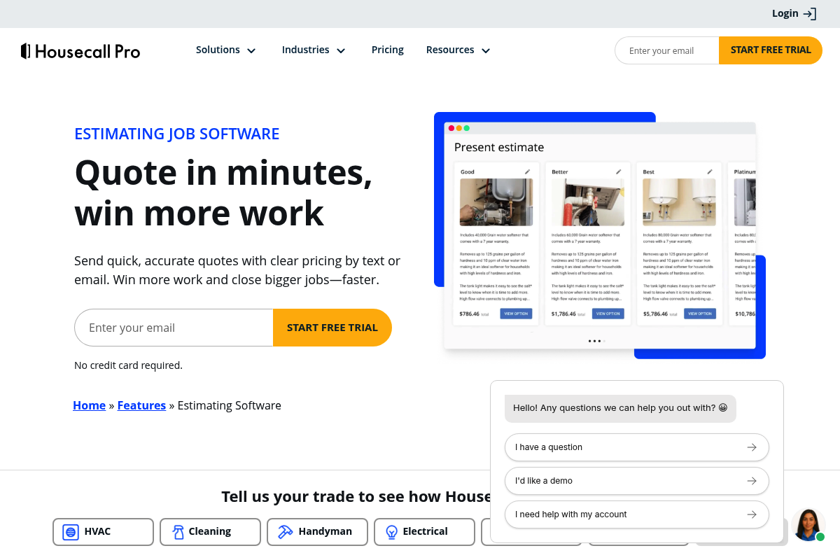 Screenshot of Housecall Pro estimating software page