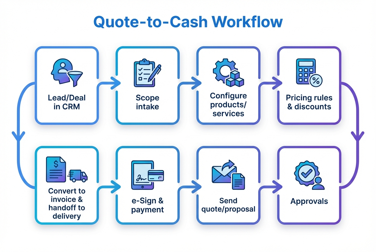 Quote-to-cash workflow diagram with steps from CRM lead to scope intake, configuration, pricing rules, approvals, sending quote, e-sign and payment, and invoice handoff