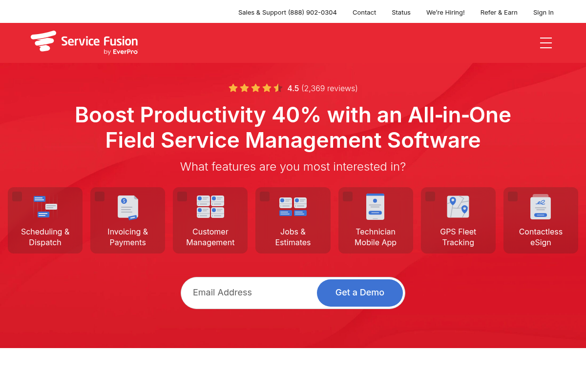 Screenshot of Service Fusion homepage