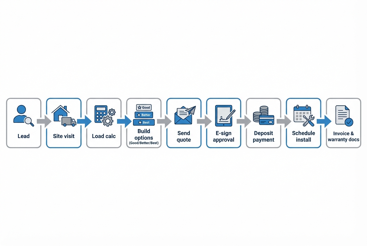 Workflow diagram showing lead to site visit to options quote to e-sign approval to deposit payment to scheduling to invoice and warranty docs