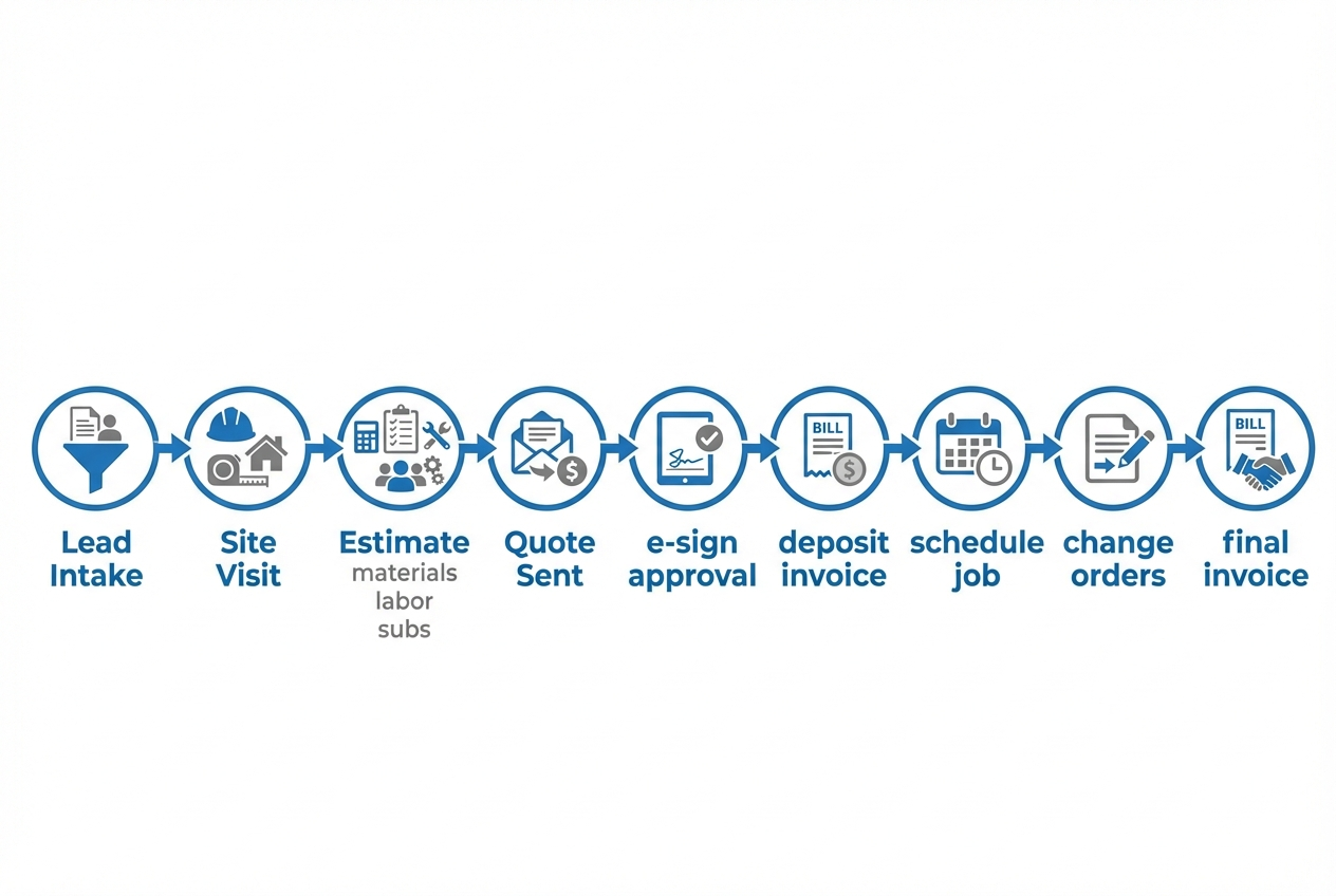 Workflow diagram showing lead intake to estimate, quote, e-sign approval, deposit invoice, scheduling, change orders, and final invoice