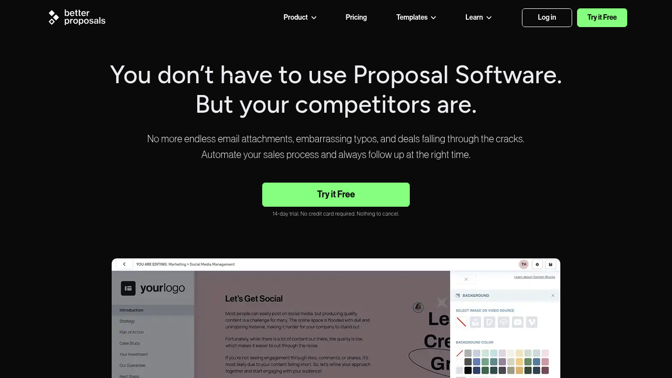 Screenshot of the Better Proposals website homepage