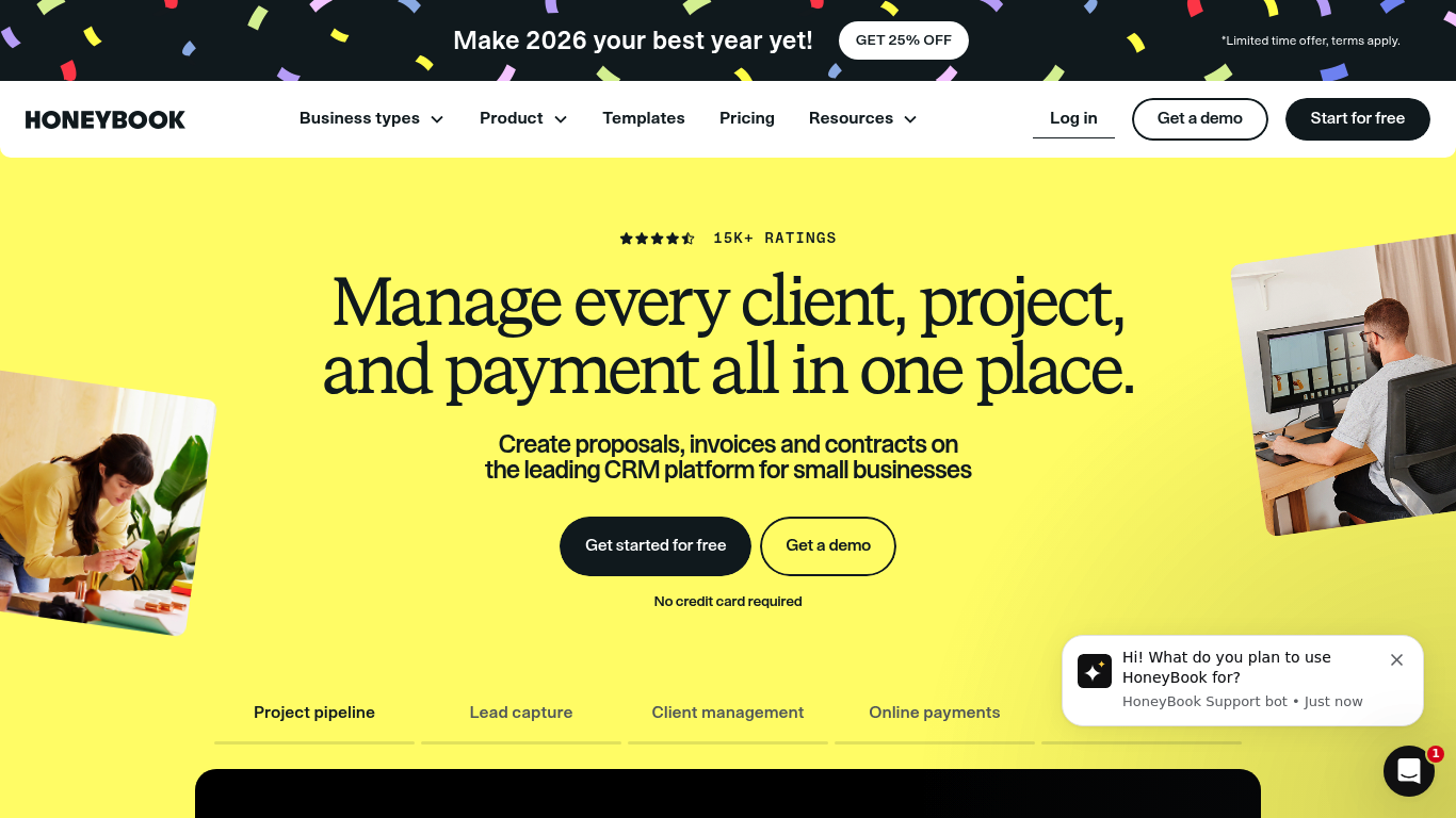 Screenshot of the HoneyBook website homepage