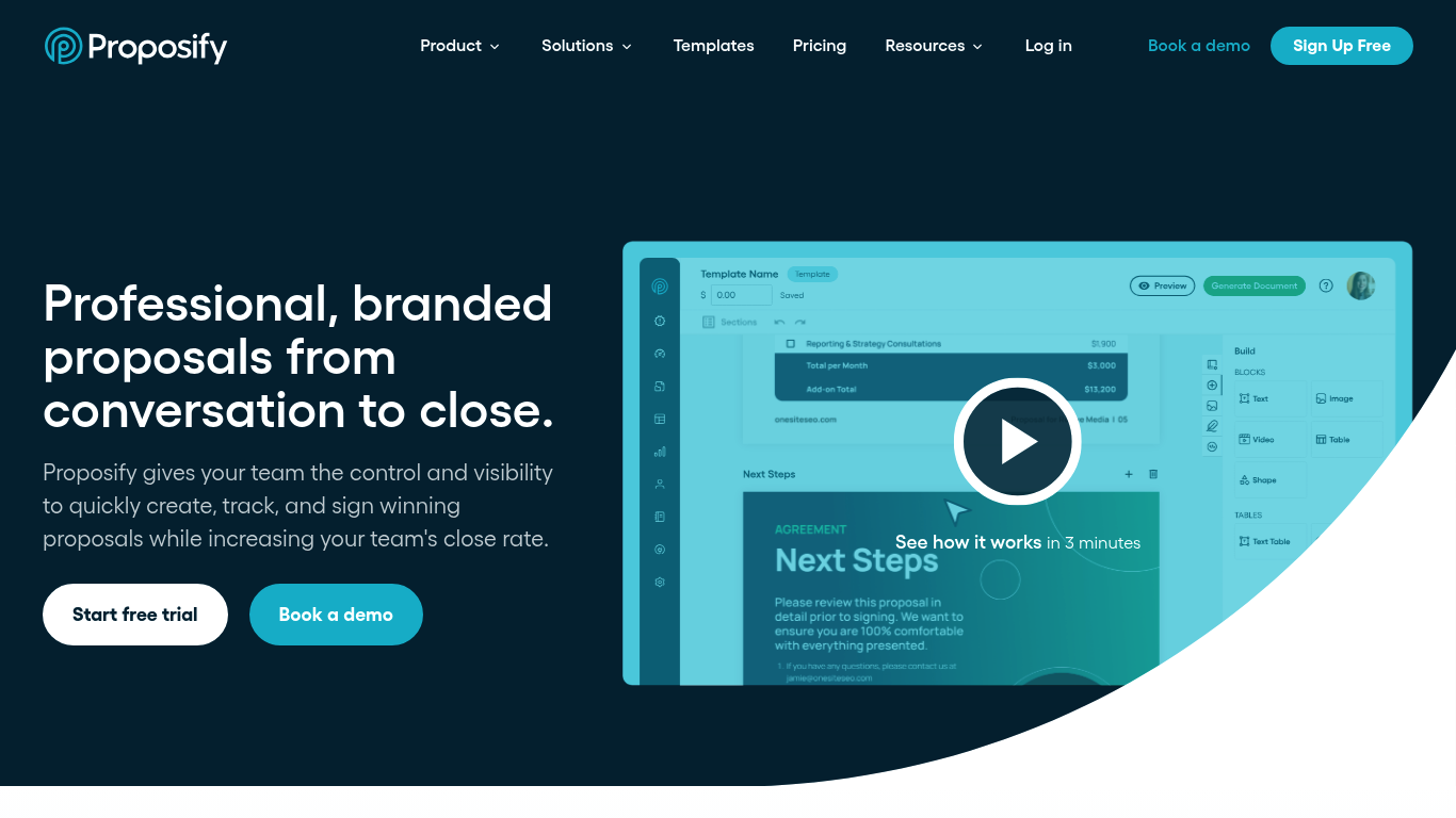 Screenshot of the Proposify website homepage