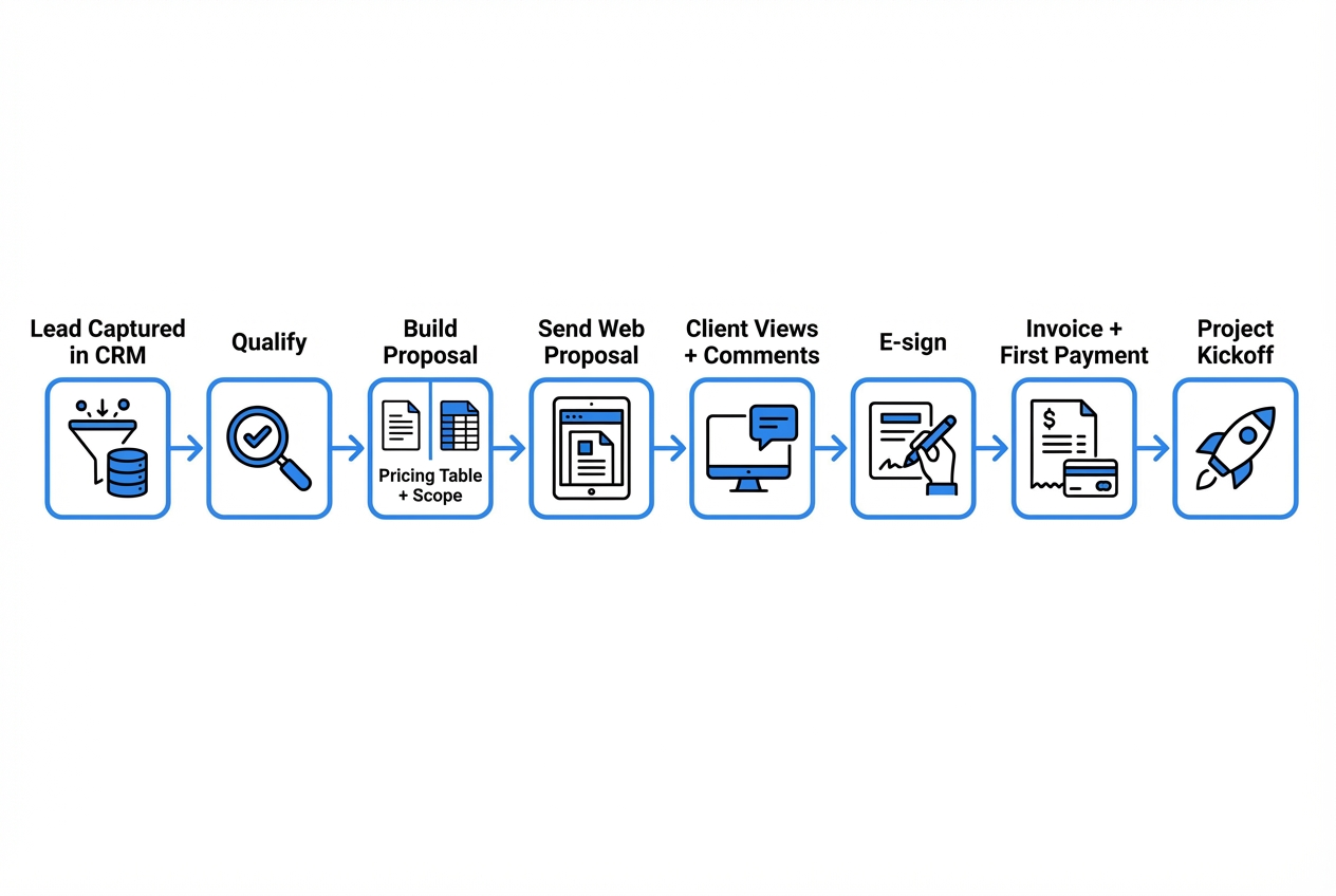 Diagram showing an agency proposal workflow from CRM lead to qualification, proposal build, client review, e-sign, invoice/payment, and project kickoff
