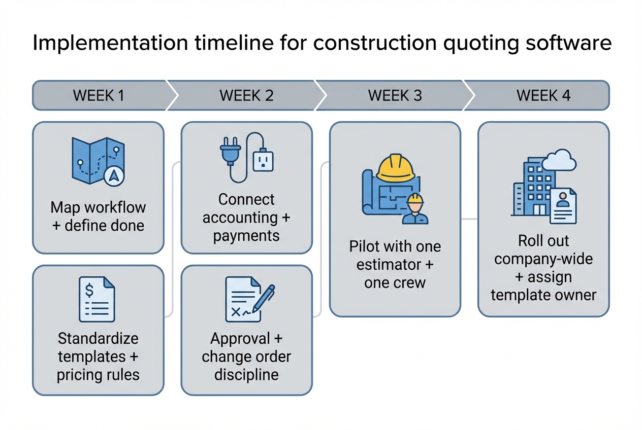 Diagram showing a 4-week rollout timeline with milestones for mapping workflow, standardizing templates, integrating accounting and payments, enforcing change orders, piloting, and rolling out company-wide