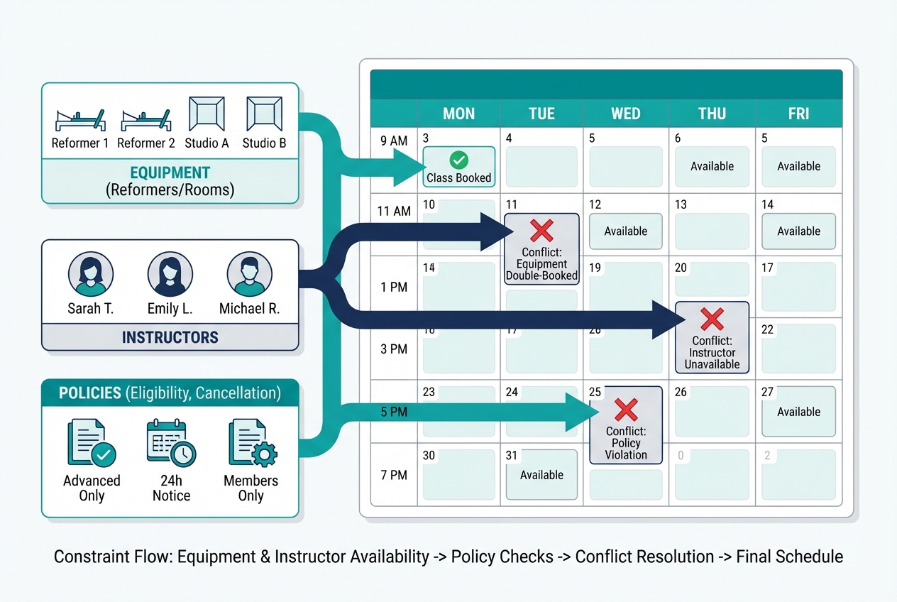 Diagram showing Pilates scheduling constraints across equipment, instructors, and policies feeding into a calendar to prevent booking conflicts
