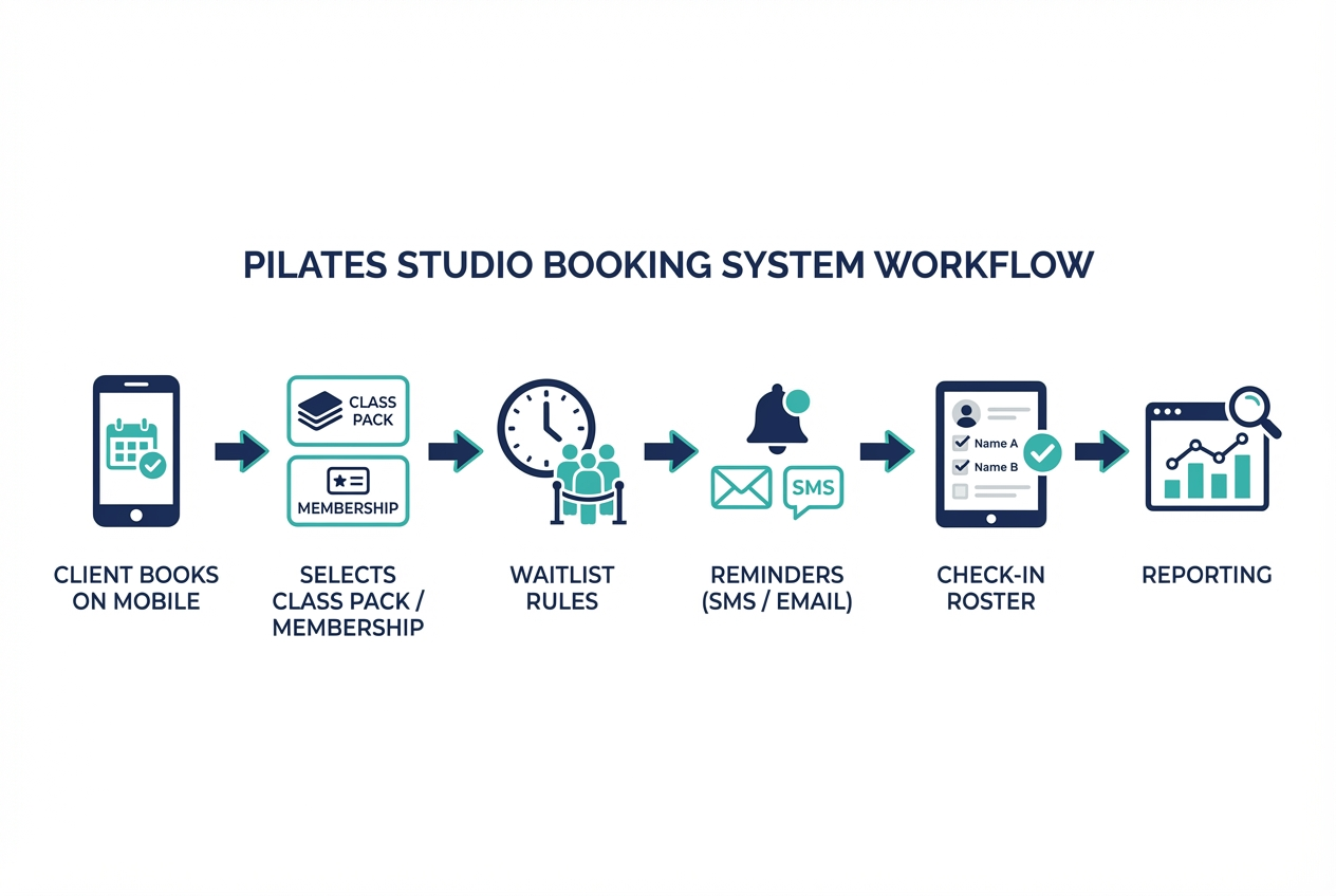 Infographic showing a pilates studio booking system workflow from mobile booking and payments to waitlists, reminders, check-in, and reporting