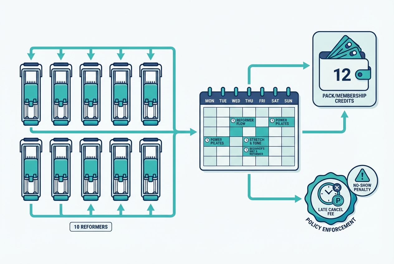 Infographic showing Pilates scheduling rules: reformer capacity, client credits and memberships, and automatic policy enforcement like late-cancel fees