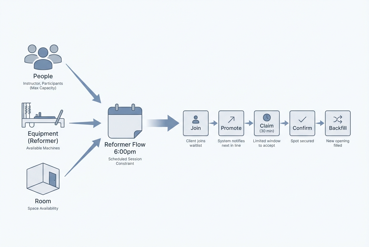 Diagram showing Pilates scheduling constraints (people, equipment, room) feeding into a class calendar block and a waitlist lifecycle from join to backfill