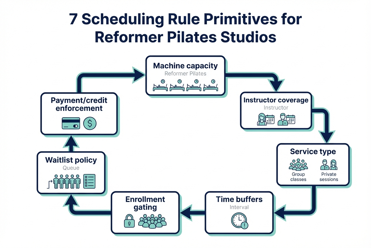 Diagram showing the seven scheduling rule primitives for a reformer Pilates studio: machine capacity, instructor coverage, service type, time buffers, enrollment gating, waitlist policy, and payment or credit enforcement
