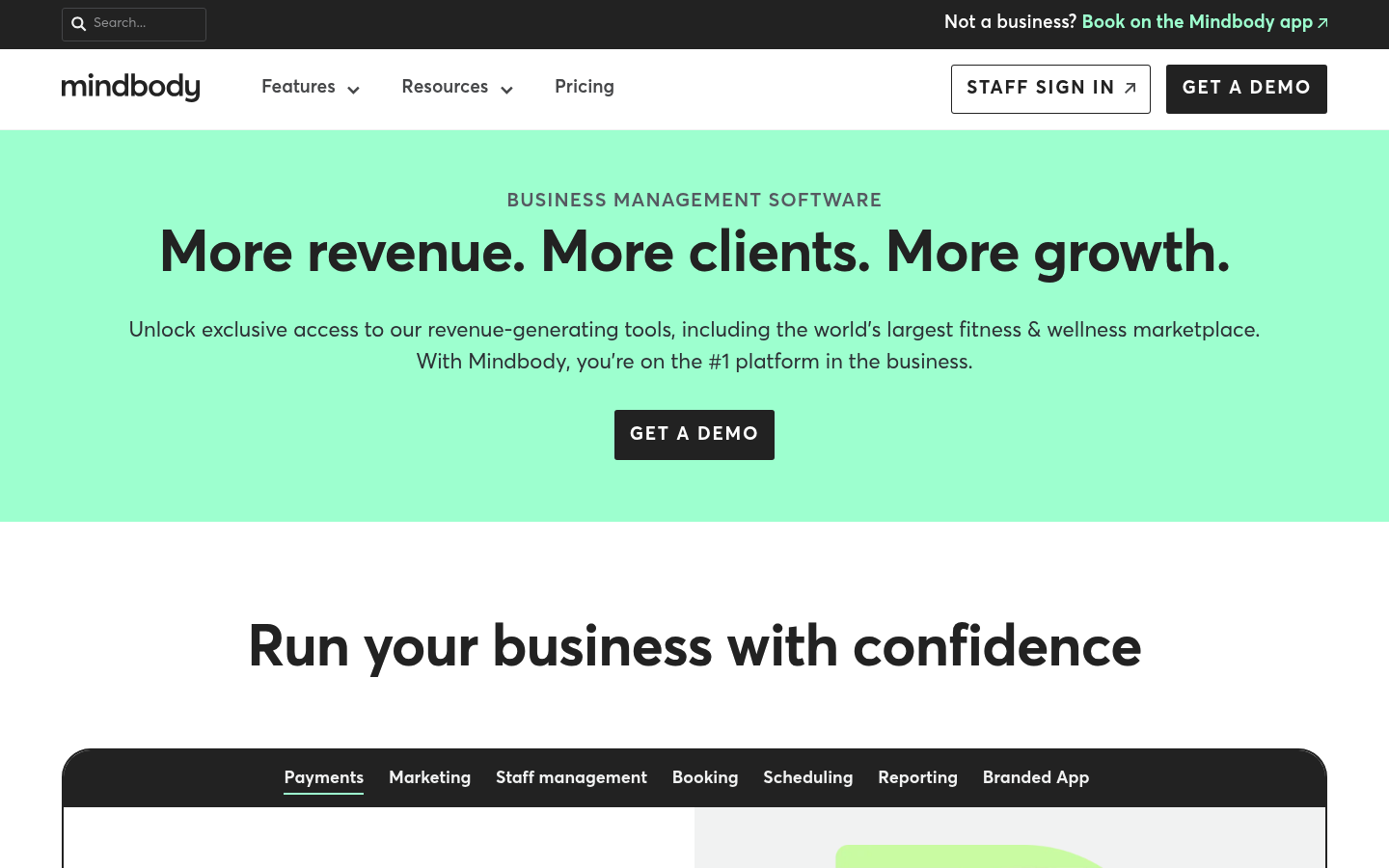 Mindbody homepage screenshot showing the Mindbody platform positioning and navigation