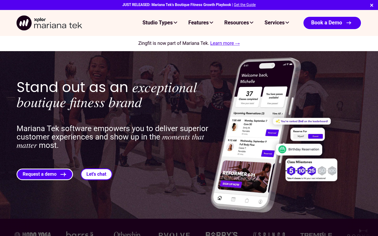 Mariana Tek homepage screenshot showing the Mariana Tek brand and platform overview