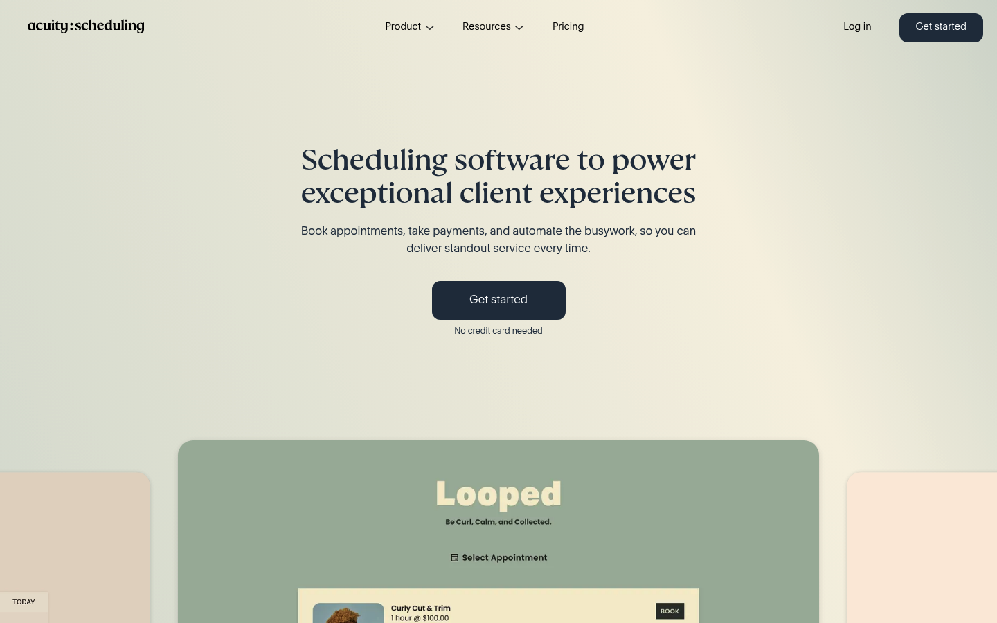Acuity Scheduling homepage screenshot showing appointment scheduling product and navigation