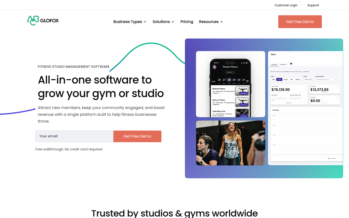 Glofox homepage screenshot showing Glofox member management and retention platform messaging