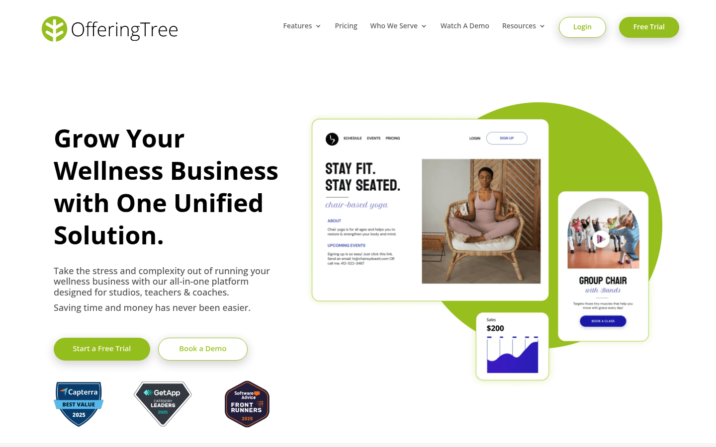 OfferingTree homepage screenshot showing website and scheduling platform overview
