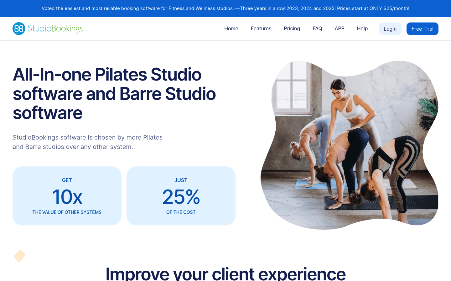 StudioBookings Pilates studio software page screenshot showing product overview for studios