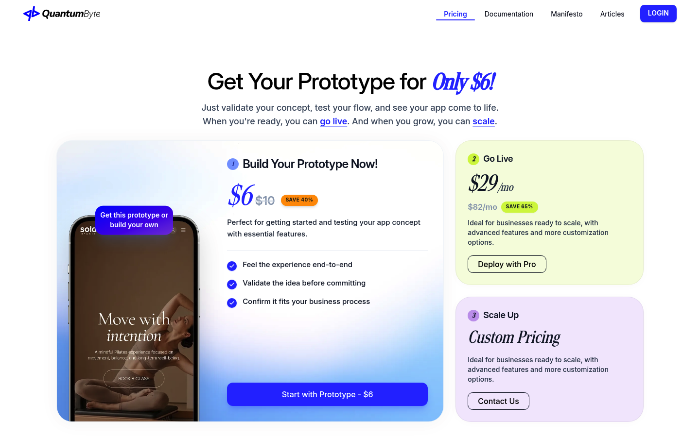 Screenshot of the Quantum Byte pricing page showing plan options for building custom apps