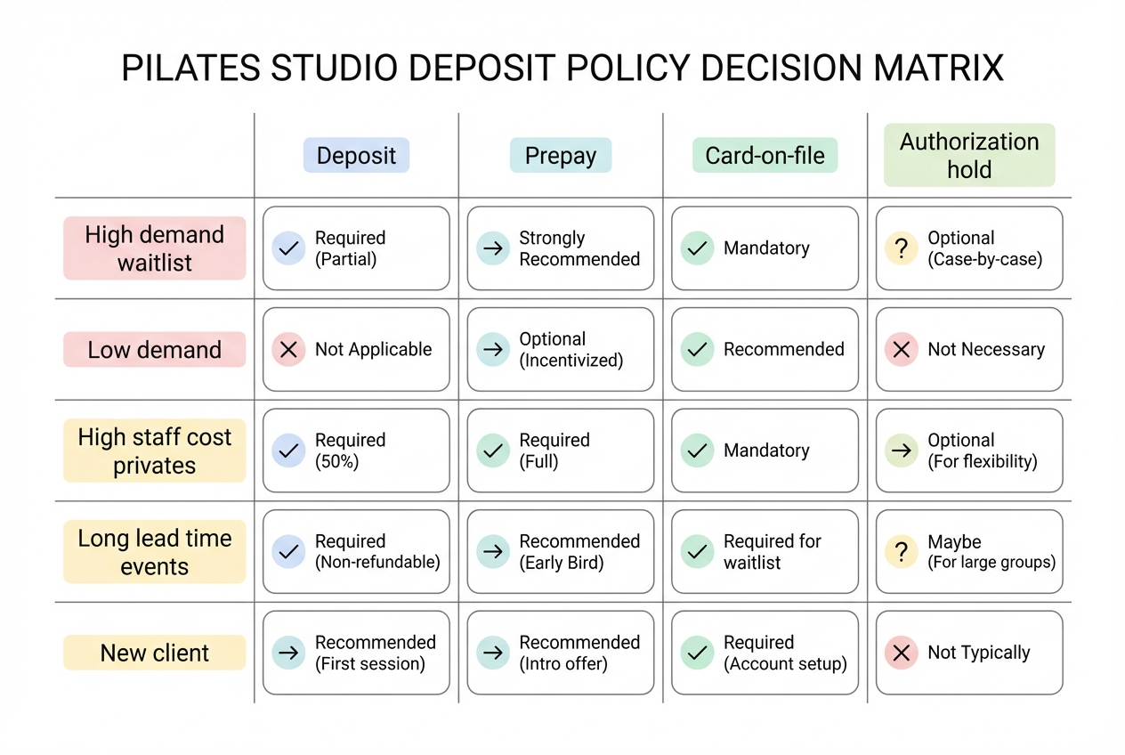 Decision matrix comparing deposit, prepay, card-on-file guarantee, and authorization hold for Pilates bookings