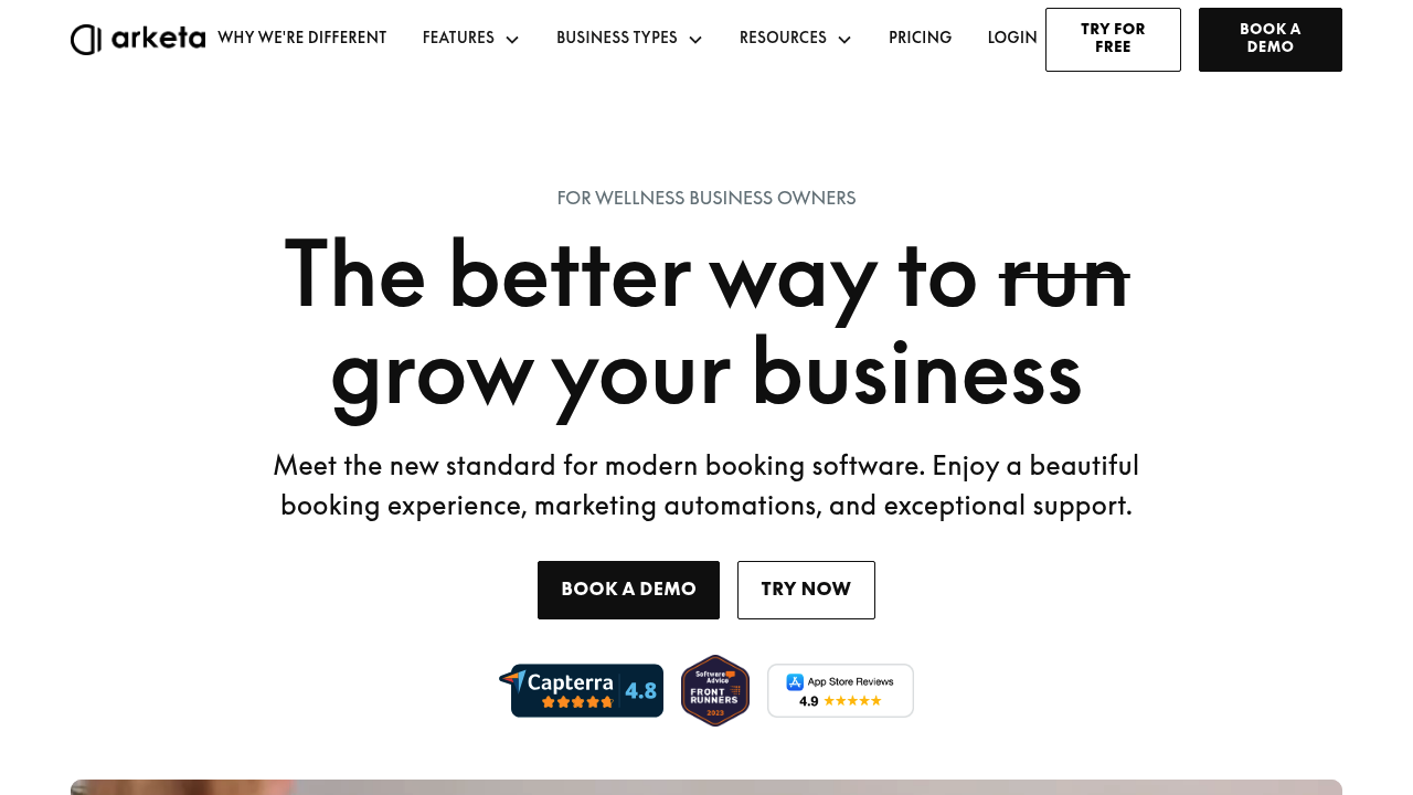 Arketa website homepage showing client booking and membership platform