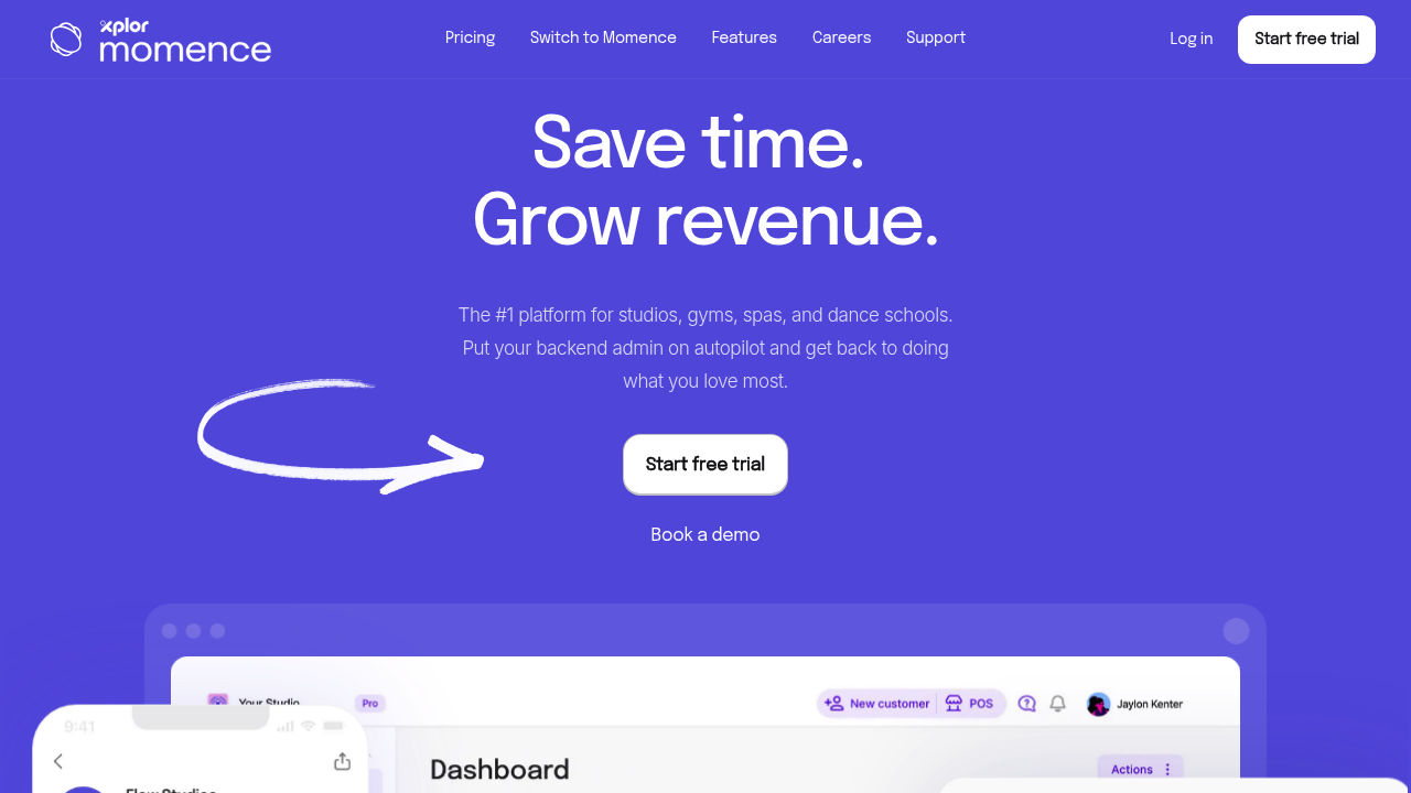Momence website homepage showing studio booking and membership platform