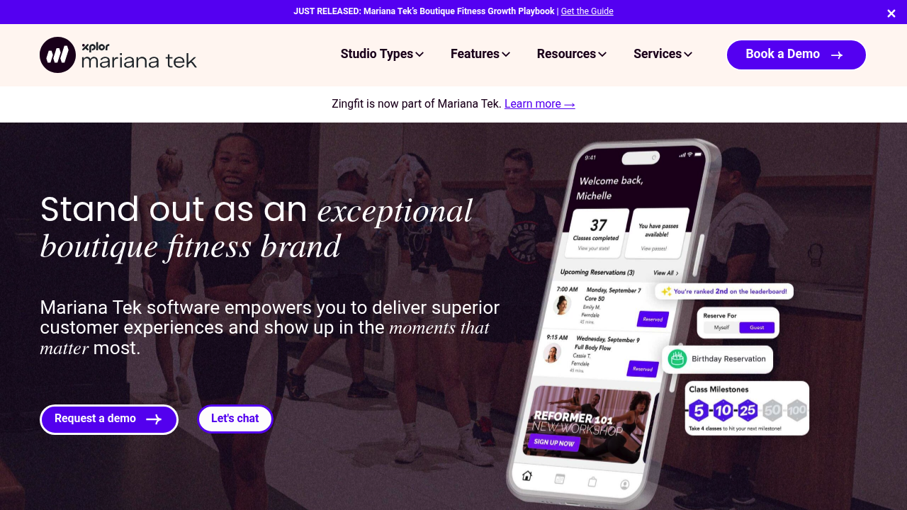 Mariana Tek website homepage showing boutique fitness studio management platform
