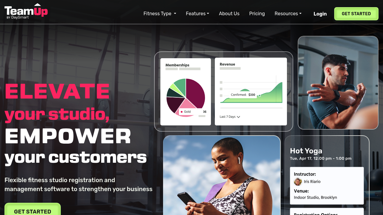 TeamUp website homepage showing gym and studio management software