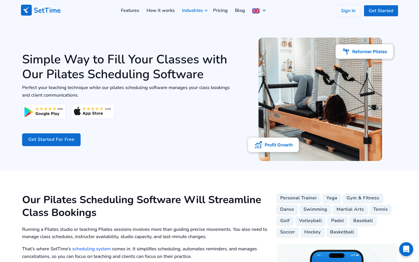 Screenshot of SetTime’s Pilates scheduling software page