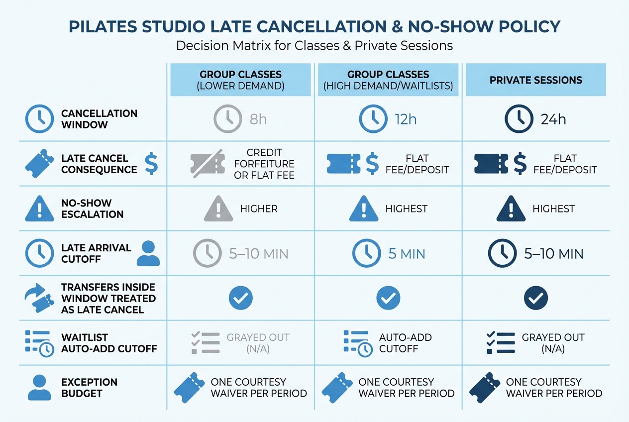 Decision matrix infographic for Pilates studio cancellation windows, fees, and exception rules