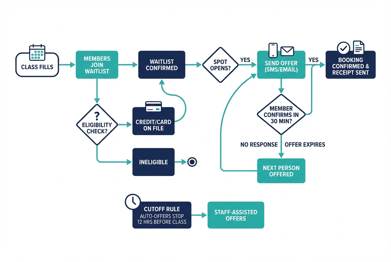 Flowchart showing a Pilates studio waitlist offer that requires confirmation, expires automatically, and stops auto-offers before a cutoff window