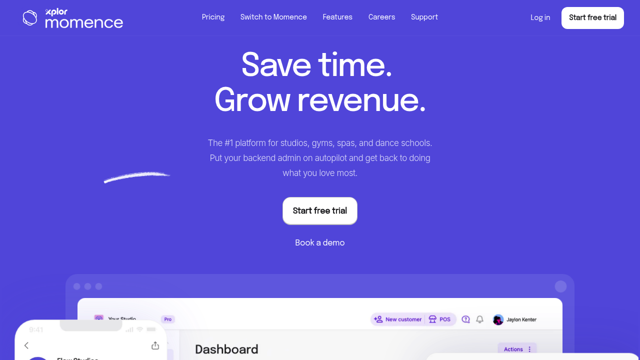 Momence homepage showing membership and studio management platform messaging