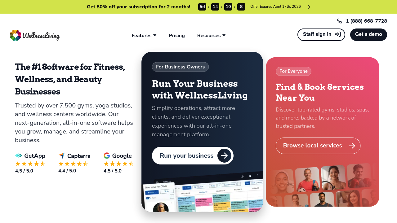 WellnessLiving homepage showing fitness business management and marketing platform messaging